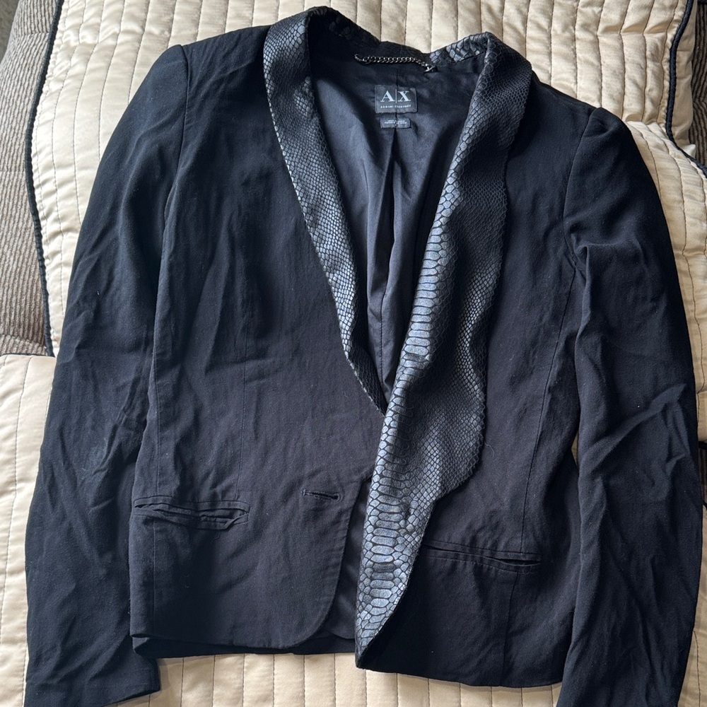 Armani Exchange AX Black Blazer with Textured Faux Snake Skin Lapel